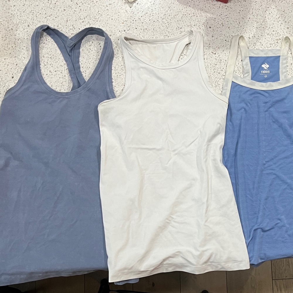 Set of Three Racerback Tank Tops in Blue and White-Lululemon & Rabbit Running